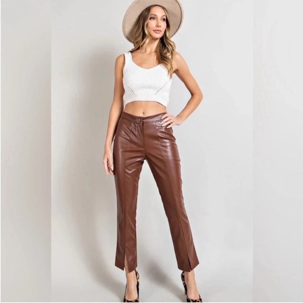 NWOT Wildfox Princess Seams Split Hem Faux Leather Pants in Brown Size L